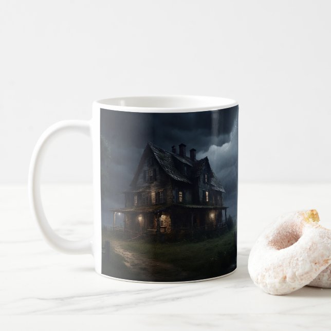 Having my coffee at The Haunted Farmhouse Coffee Mug (With Donut)