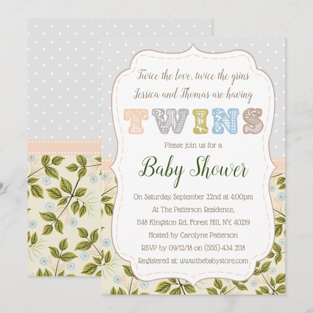 Having Twins Neutral Baby Shower Invitation (Front/Back)