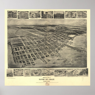 Havre de Grace Maryland 1907 Antique Panoramic Map Poster