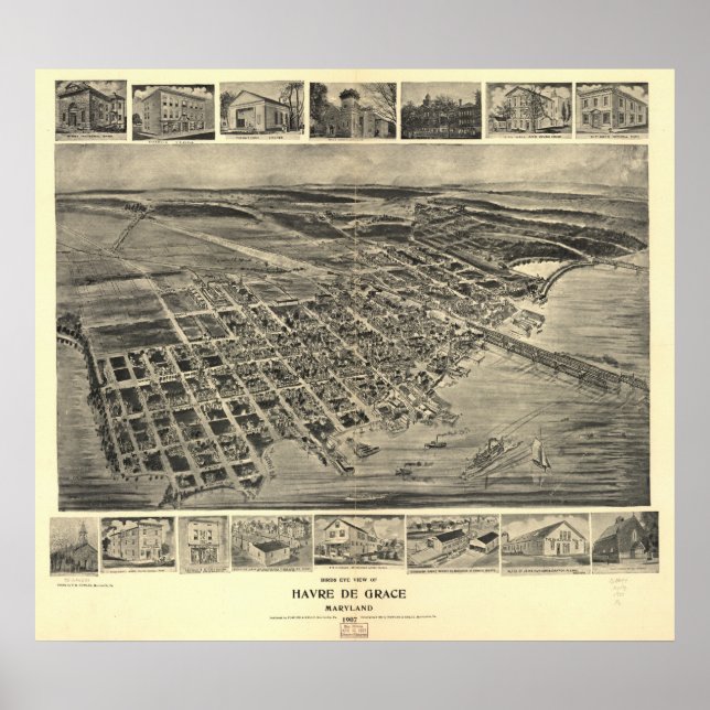 Havre de Grace Maryland 1907 Antique Panoramic Map Poster (Front)