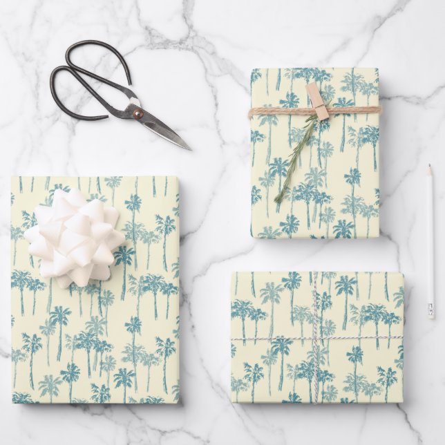 Hawaian Tropical Blue Cream Palm Tree Pattern  Wrapping Paper Sheet (Front)