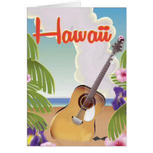 Hawaii acoustic guitar vintage travel poster.