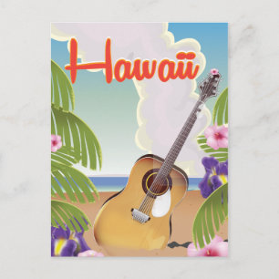 Hawaii acoustic guitar vintage travel poster. postcard