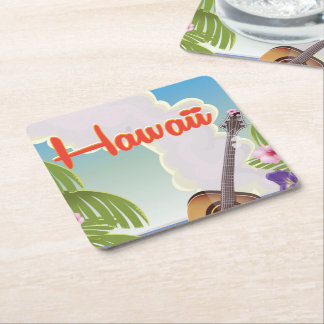 Hawaii acoustic guitar vintage travel poster. square paper coaster