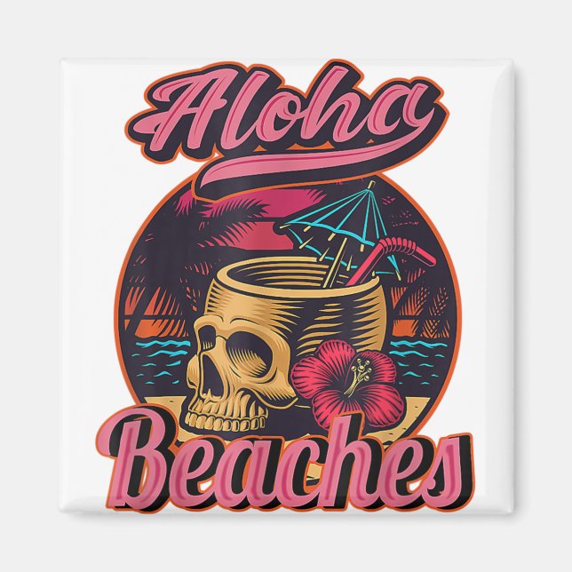 Hawaii Aloha Beaches Tropical Goth Skeleton Skull Magnet (Front)