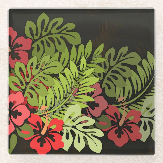Hawaii Aloha Flower Art Print Glass Coaster (Front)