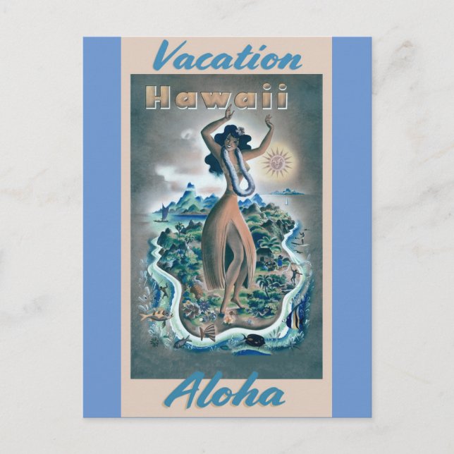 Hawaii Aloha Hula Dancer Vintage Travel Poster Postcard (Front)
