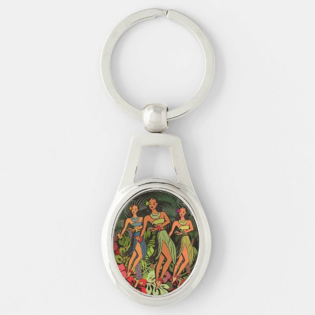 Hawaii Aloha Palm Hula Art Design Key Ring (Front)