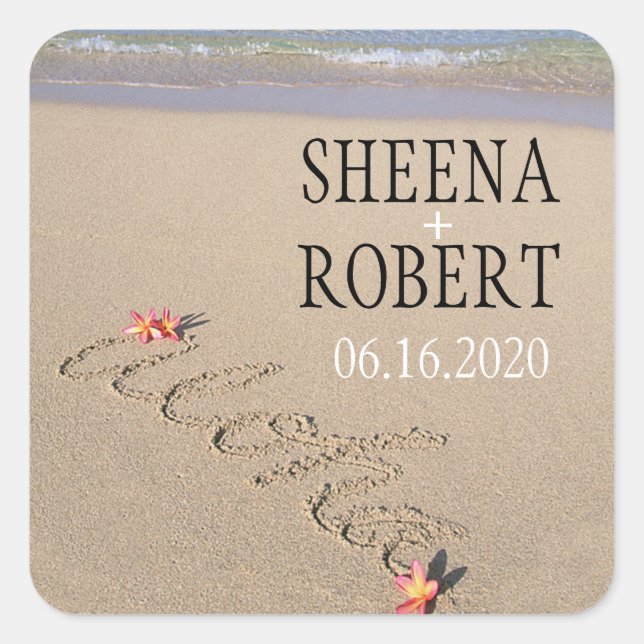 Hawaii Aloha Plumeria Flower Beach Wedding Custom Square Sticker (Front)