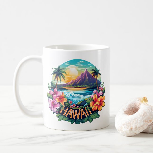 Hawaii Aloha Tropical Beach Mountains Travel Coffee Mug (With Donut)