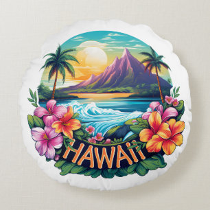 Hawaii Aloha Tropical Beach Mountains Travel Round Cushion