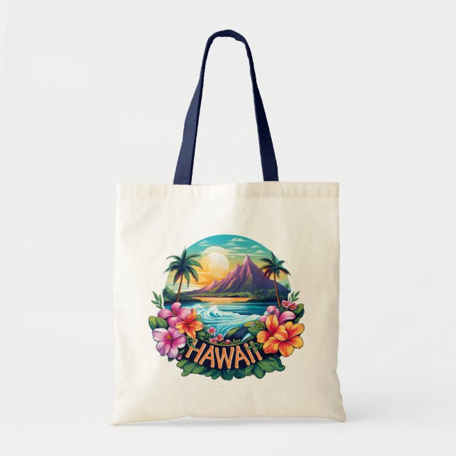 Hawaii Aloha Tropical Beach Mountains Travel Tote Bag (Front)