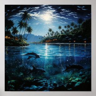 Hawaii at Night - Dolphins Swimming" Poster