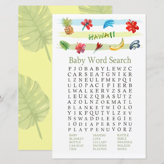 Hawaii Baby Shower Word Search Game (Front/Back)