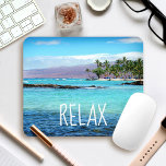Hawaii Beach Blue Ocean Green Palm Trees Relax Mouse Mat<br><div class="desc">“Relax.” Return back to tropical vacation breezes, clear turquoise blue water and swaying palm trees while you work on your computer with this stunning, vibrantly-coloured photo mousepad. Exhale and explore the peace of this sunny Big Island Hawaiian beach. Makes a great gift for someone special! You can easily personalise this...</div>