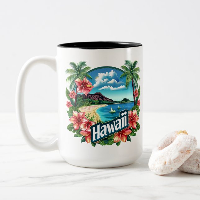 Hawaii Beach Mountains Tropical Flowers Travel Art Two-Tone Coffee Mug (With Donut)