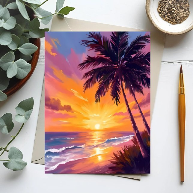 Hawaii Beach Sunset Painting Travel Postcard (Creator Uploaded)