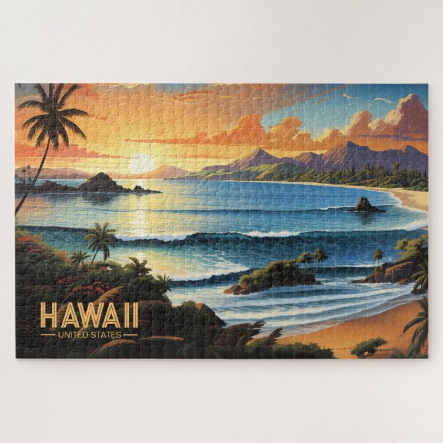 Hawaii Beach Tropical Paradise Vintage Painting Jigsaw Puzzle (Horizontal)