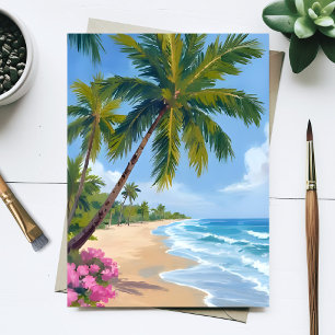 Hawaii Beach Watercolor Ocean Palm Tree Painting Postcard