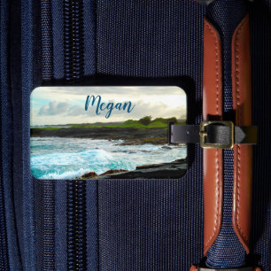 Hawaii black sand beach clouds photo custom name luggage tag
