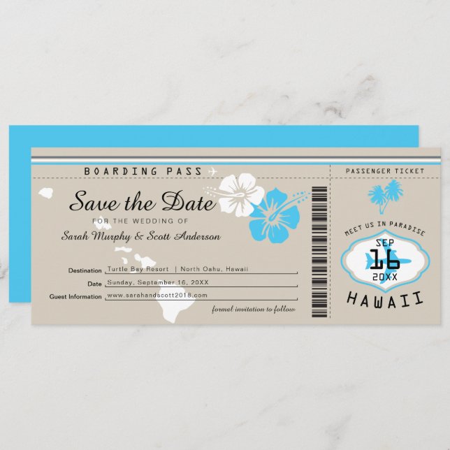 Hawaii Boarding Pass Tand and Blue Save the Date Invitation (Front/Back)