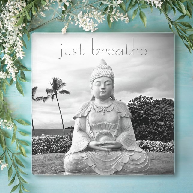 Hawaii Buddha Black White Photo Just Breathe Quote Glass Coaster (Creator Uploaded)