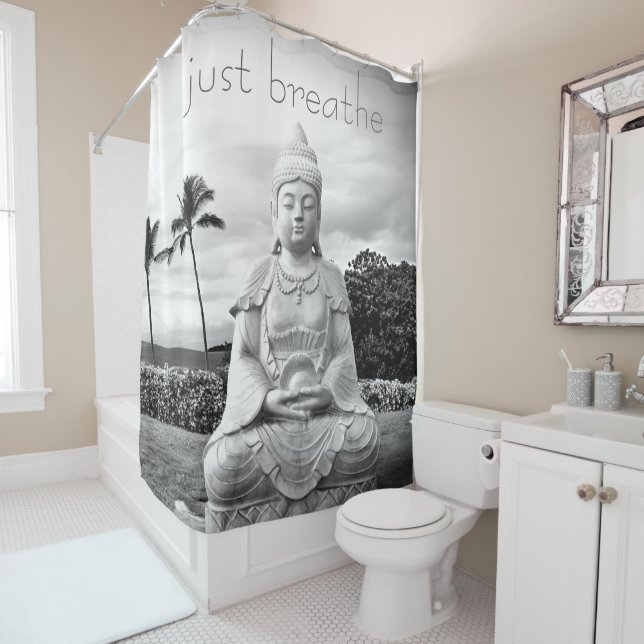 Hawaii Buddha Black White Photo Just Breathe Quote Shower Curtain (In Situ)
