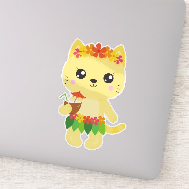 Hawaii Cat, Cute Cat, Yellow Cat, Flowers, Luau (Detail)