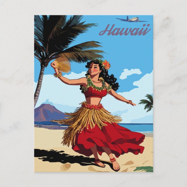 Hawaii, Dancing Hula Girl at the Beach, Travel Postcard (Front)
