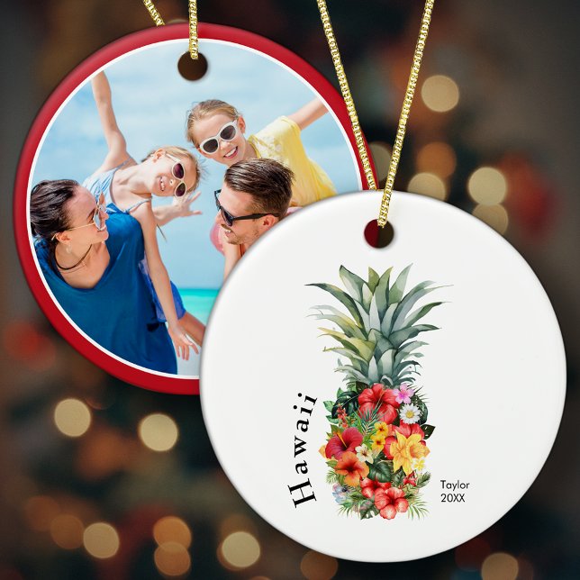 Hawaii Family Vacation Photo Pineapple Christmas Ceramic Tree Decoration (Creator Uploaded)