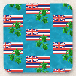 Hawaii Flag and Green Sea Turtles Coaster
