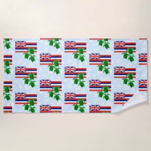Hawaii Flag and Green Sea Turtles Floral Beach Towel
