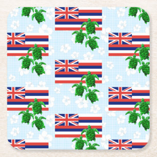Hawaii Flag and Green Sea Turtles Floral Square Paper Coaster