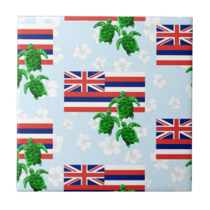 Hawaii Flag and Green Sea Turtles Floral Tile