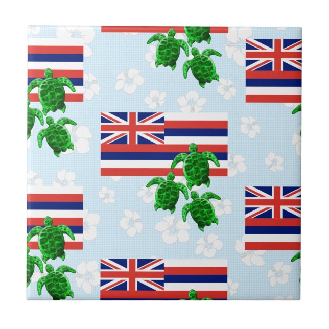 Hawaii Flag and Green Sea Turtles Floral Tile (Front)