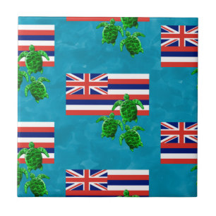 Hawaii Flag and Green Sea Turtles Tile