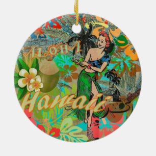 Hawaii Flower Hula Vintage Floral Graphic Ceramic Tree Decoration