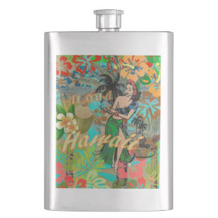 Hawaii Flower Hula Vintage Floral Graphic Hip Flask
