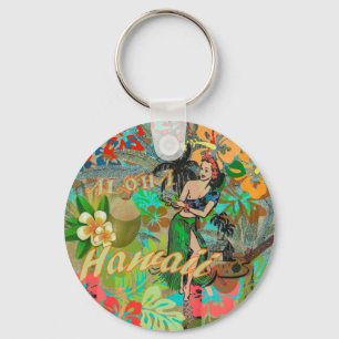 Hawaii Flower Hula Vintage Floral Graphic Key Ring