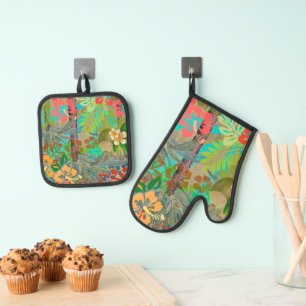 Hawaii Flower Hula Vintage Floral Graphic Oven Mitt & Pot Holder Set