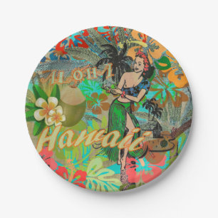 Hawaii Flower Hula Vintage Floral Graphic Paper Plate
