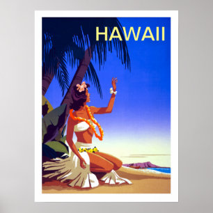 Hawaii, girl on tropic isle, vintage travel poster