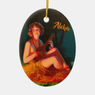 Hawaii Girl with Ukulele Ceramic Tree Decoration