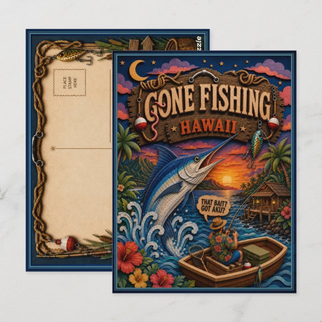 Hawaii Gone Fishing Blue Marlin Postcard (Front/Back)