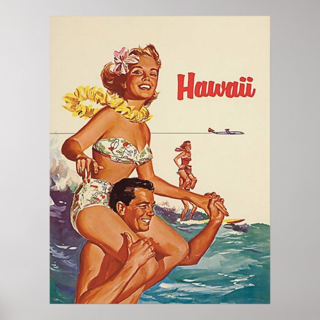 Hawaii, happy surfing couple, vintage travel poster (Front)