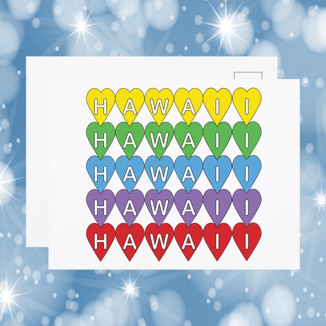 Hawaii Hearts Colourful Postcard (A postcard that says Hawaii with yellow, green, blue, purple & red hearts)