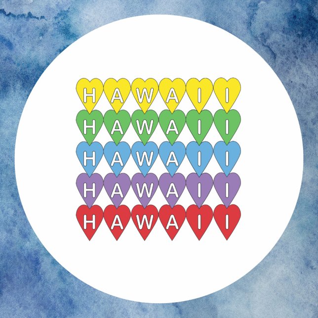 Hawaii Hearts Rainbow Classic Round Sticker (A sticker that says Hawaii in yellow, green, blue, purple and red hearts)