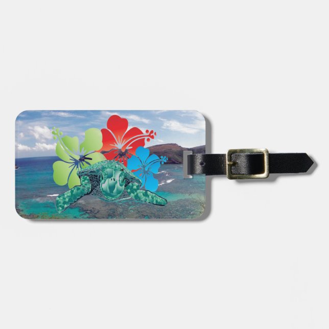 Hawaii Hibiscus Flowers and Turtle Luggage Tag (Front Horizontal)