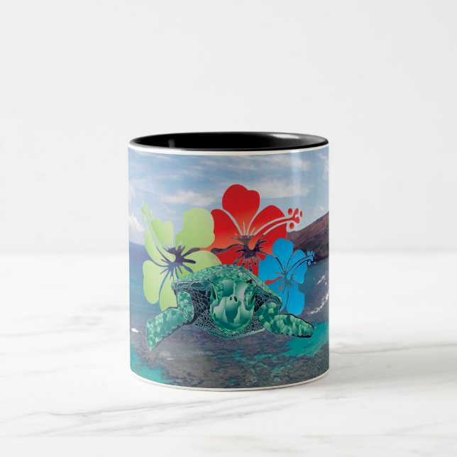 Hawaii Hibiscus Flowers and Turtle Two-Tone Coffee Mug (Center)