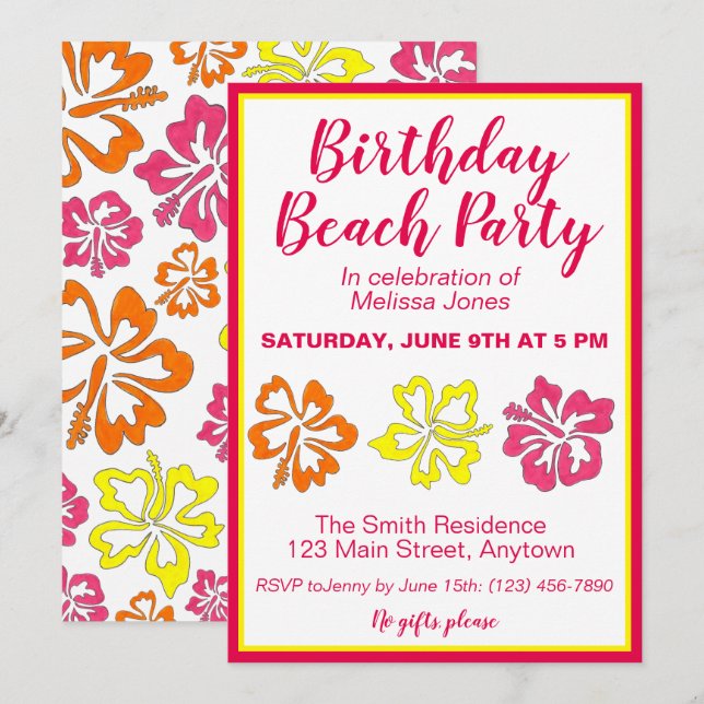 Hawaii Hibiscus Flowers Birthday Beach Party Luau Invitation (Front/Back)